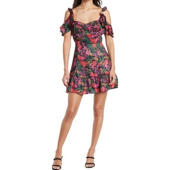 NSR Womens Size XL Off-the-shoulder Mini Dress In Black/ Pink Tropical Print - Picture 7 of 7